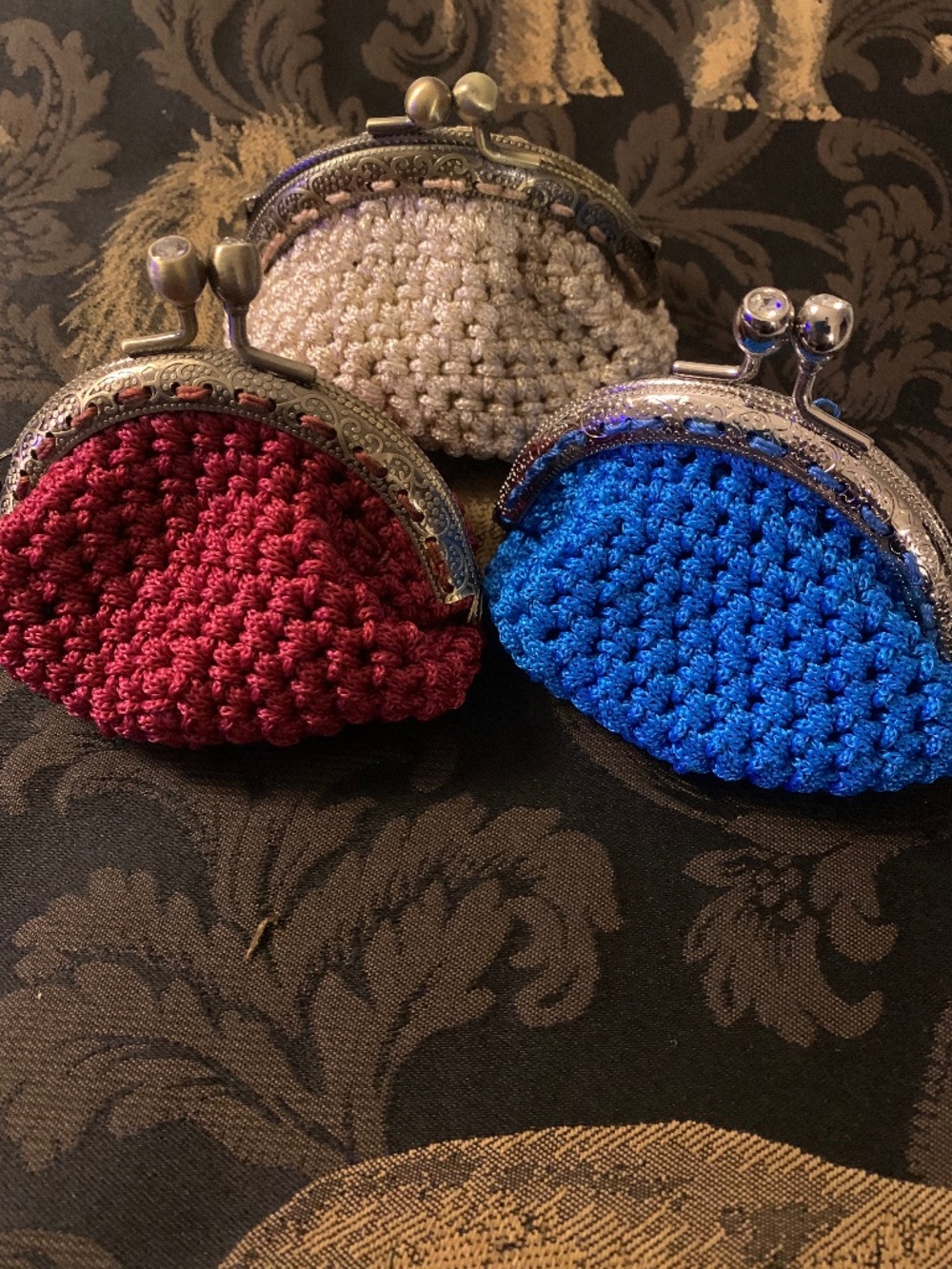 A sets of 3 Crocheted handmade Coin Purses, New. Blue, Burgundy, Beige